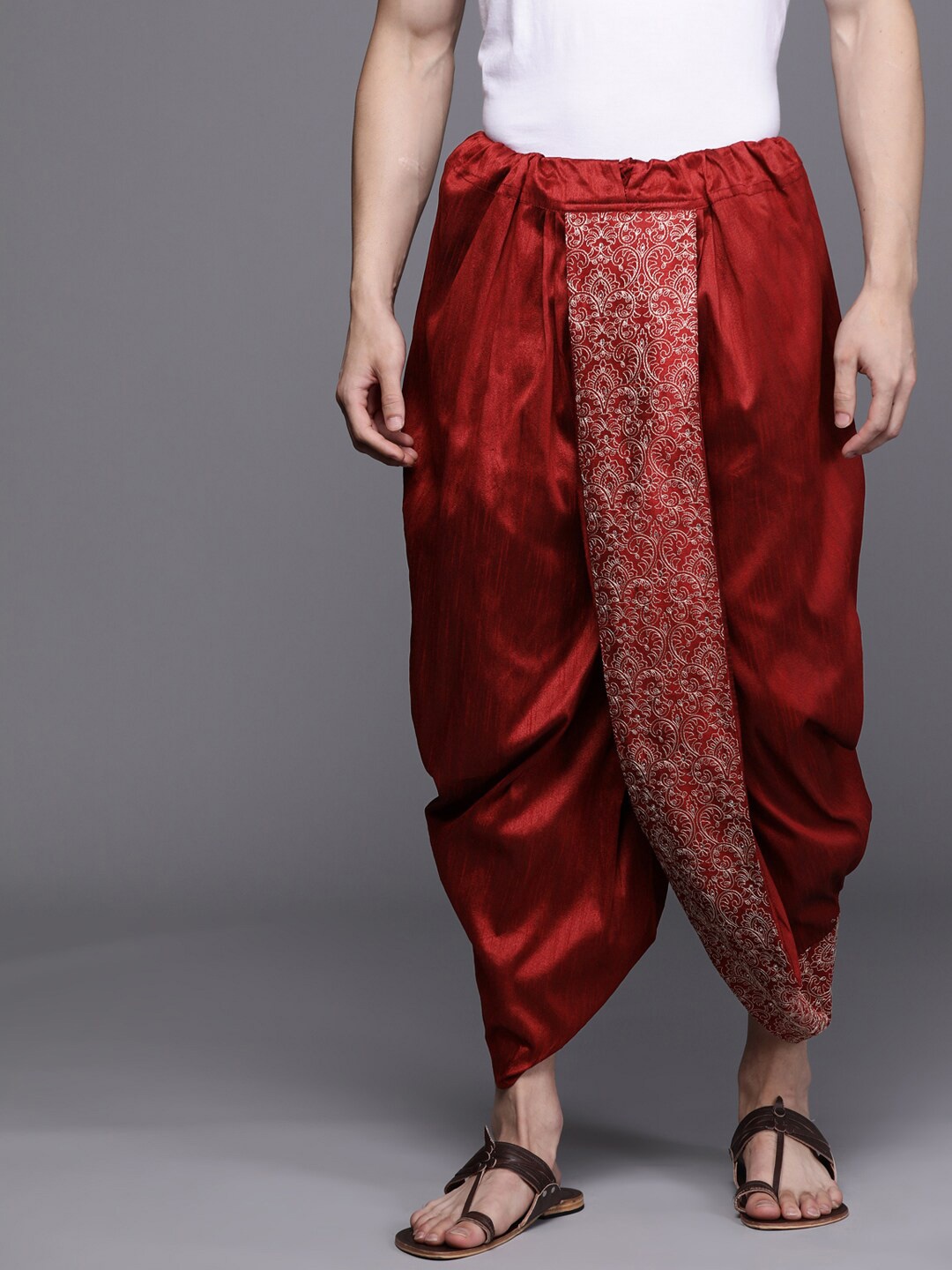 

Manyavar Men Ethnic Motif Embroidered Ankle Length Dhoti Pants, Maroon