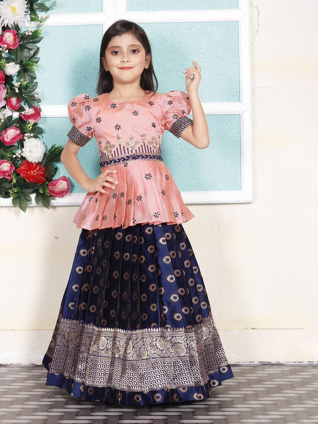 

BAESD Girls Embroidered Thread Work Ready to Wear Lehenga Choli, Pink