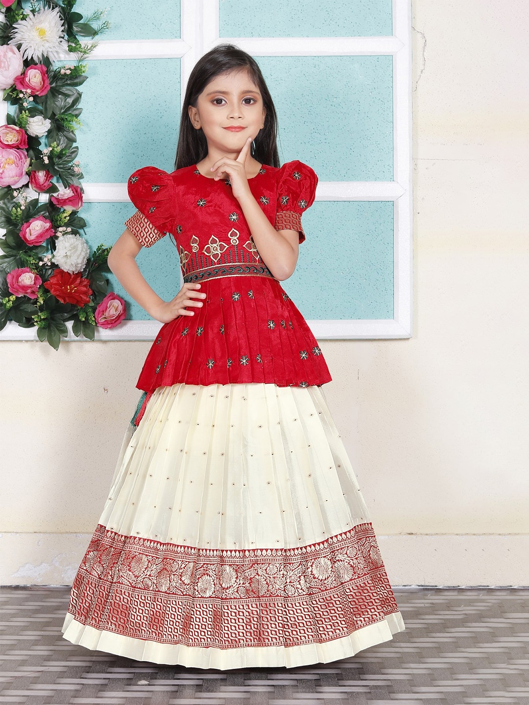 

BAESD Girls Embroidered Thread Work Detailed Jacquard Silk Ready to Wear Lehenga Choli, Red