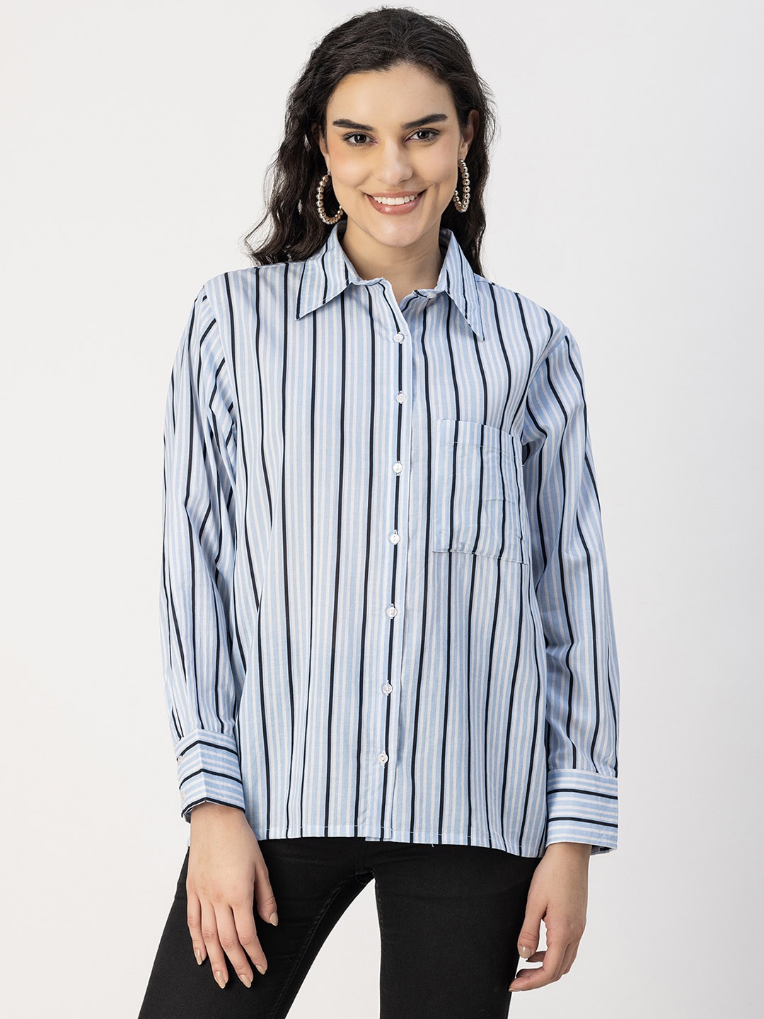 

Moomaya Opaque Striped Casual Spread Collar Cotton Shirt, Blue