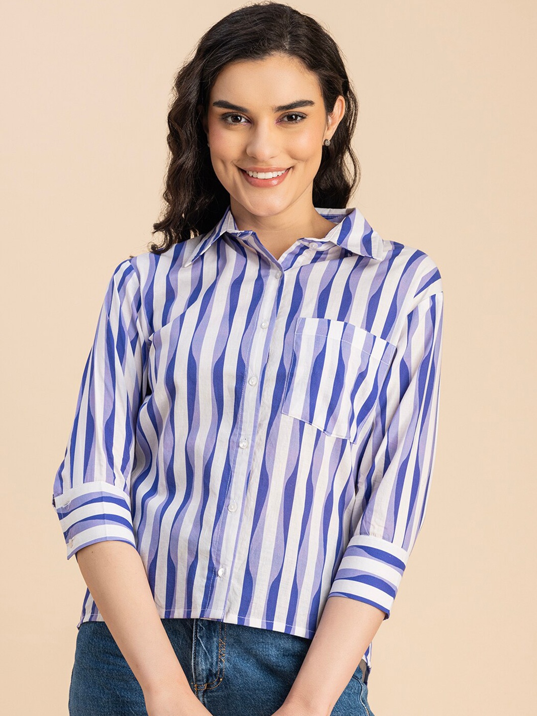 

Moomaya Spread Collar Three Quarter Sleeves Striped Opaque Casual Shirt, Purple