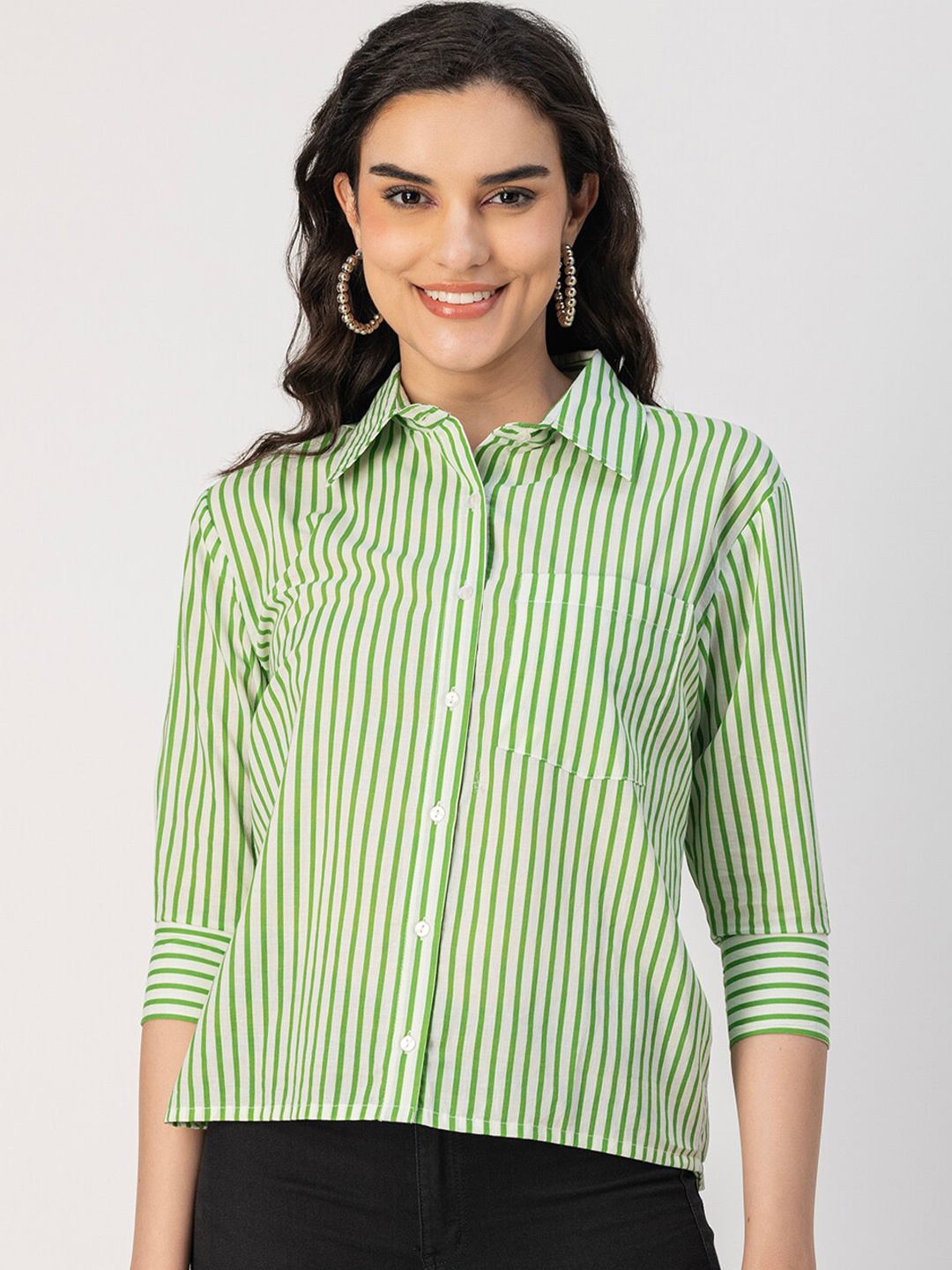 

Moomaya Spread Collar Three Quarter Sleeves Opaque Striped Casual Shirt, Green