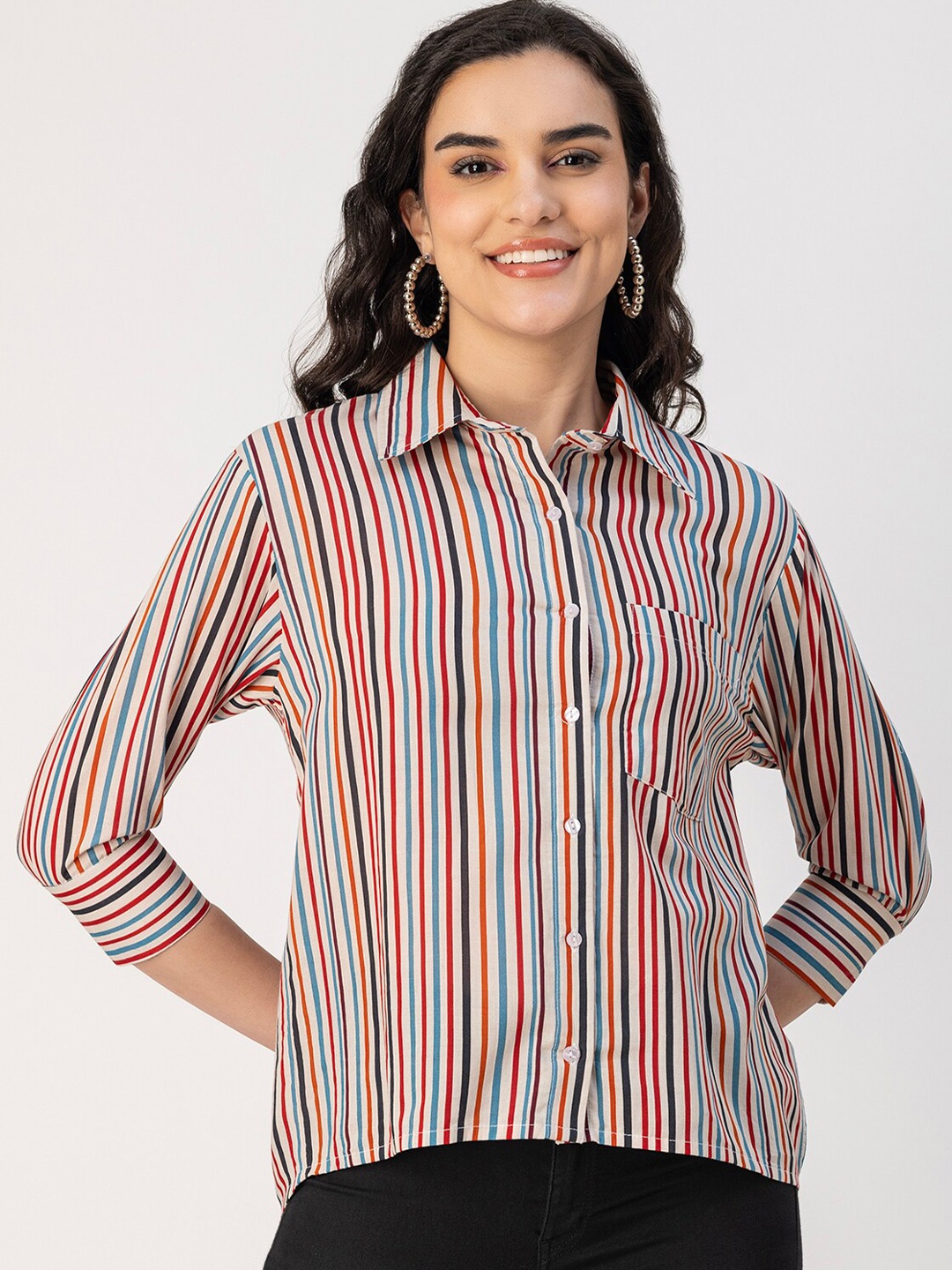 

Moomaya Spread Collar Three Quarter Sleeves Opaque Striped Casual Shirt, Red