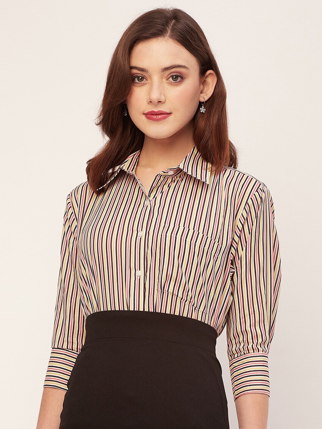 

Moomaya Spread Collar Three Quarter Sleeves Striped Opaque Casual Shirt, Multi