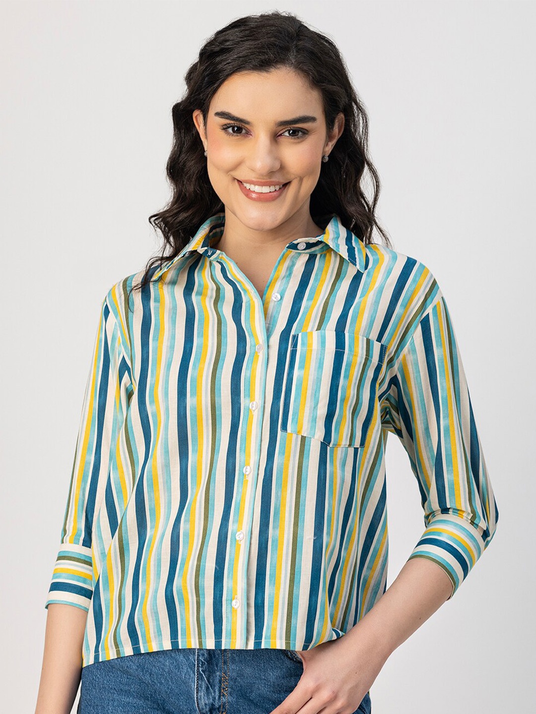 

Moomaya Spread Collar Vertical Stripes Opaque Cotton Casual Shirt, Blue