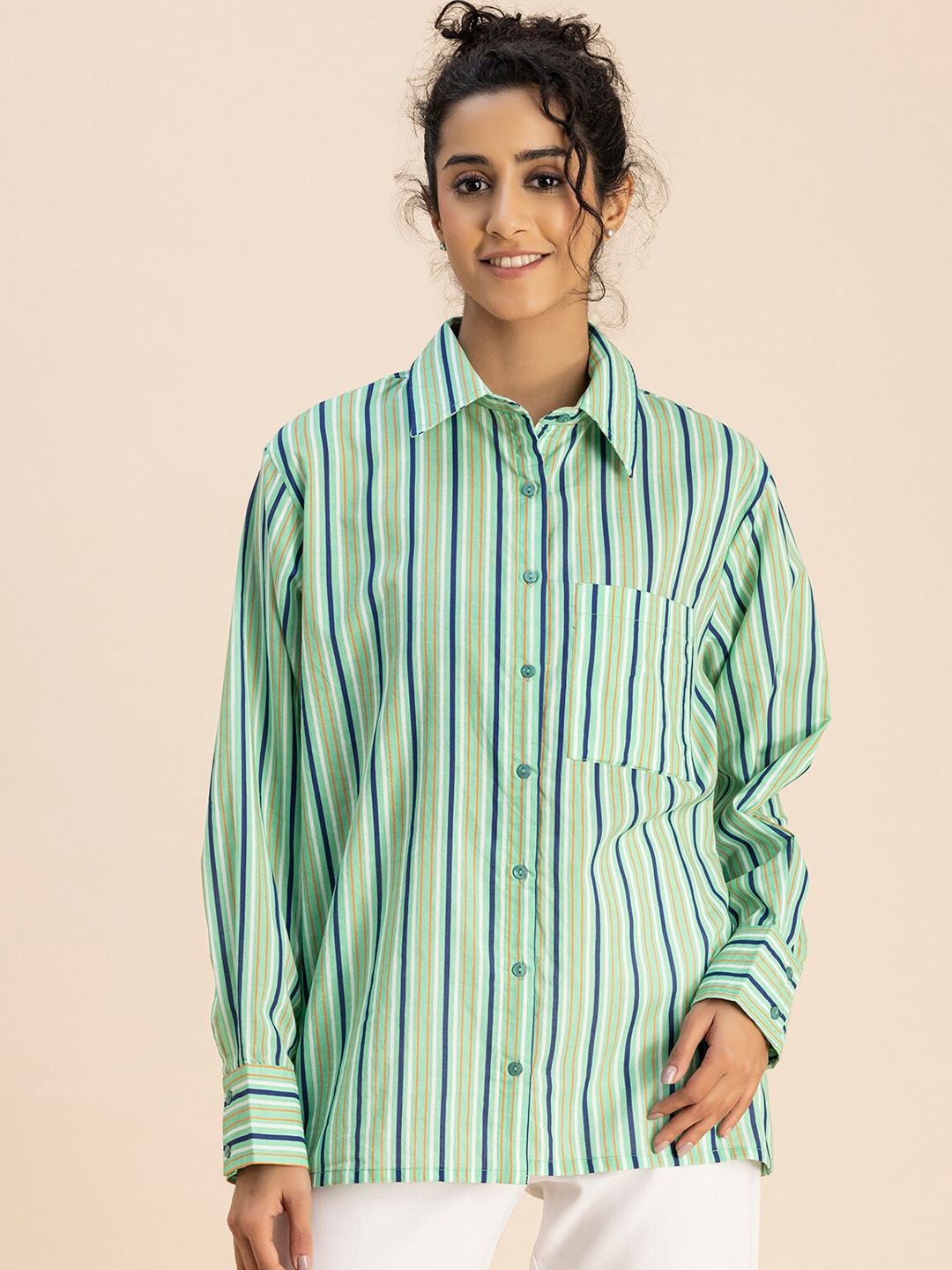 

Moomaya Spread Collar Long Sleeves Striped Opaque Casual Shirt, Green