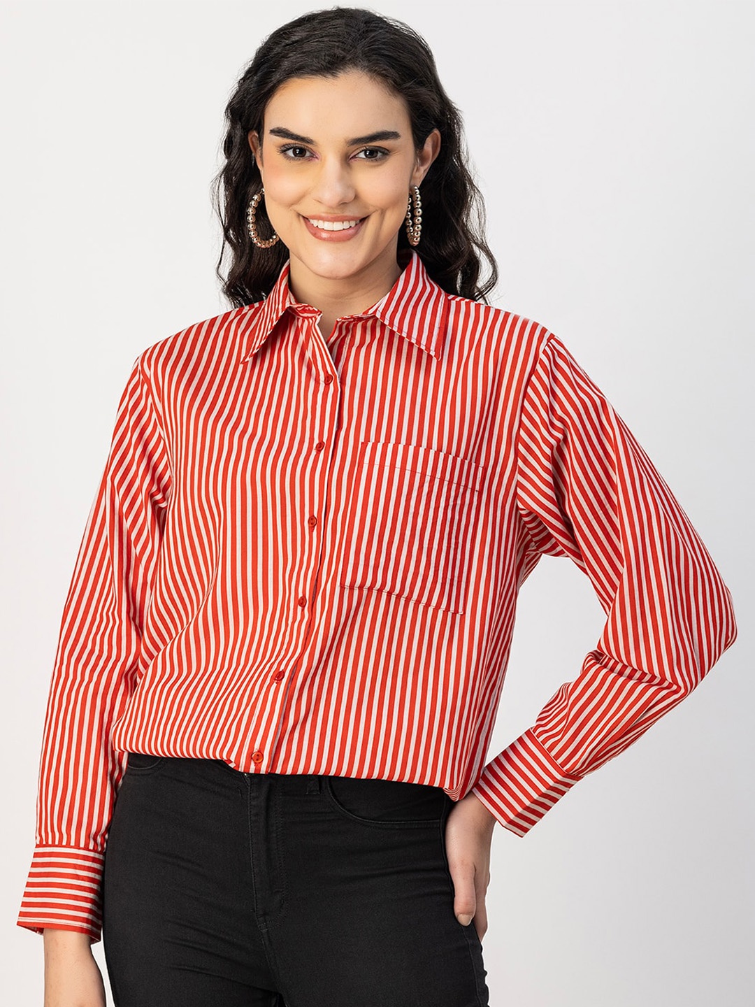 

Moomaya Spread Collar Vertical Stripes Opaque Cotton Casual Shirt, Red