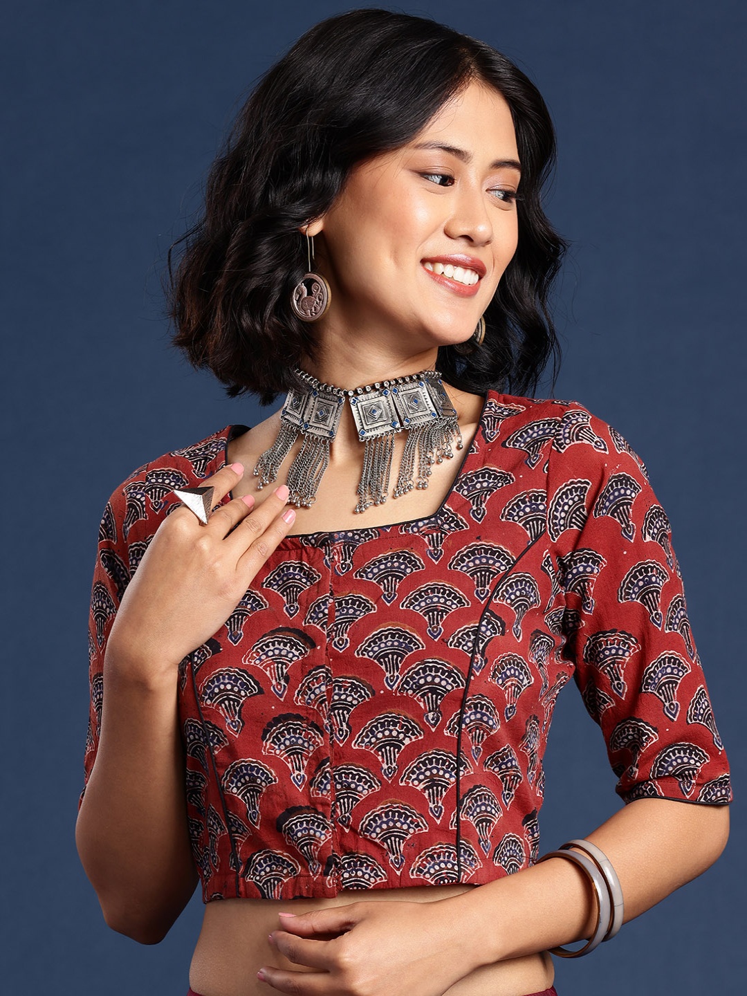 

Taavi Hand Block Printed Cotton Non Paded Saree Blouse, Red