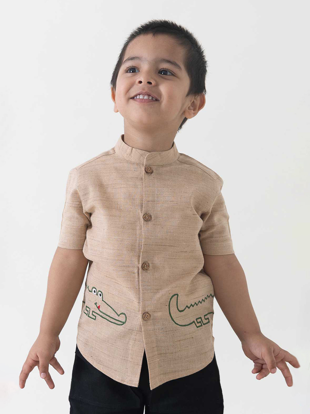 

Tiber Taber Boys Embroidered Mandarin Collar Short Sleeves Cotton Casual Shirt, Beige