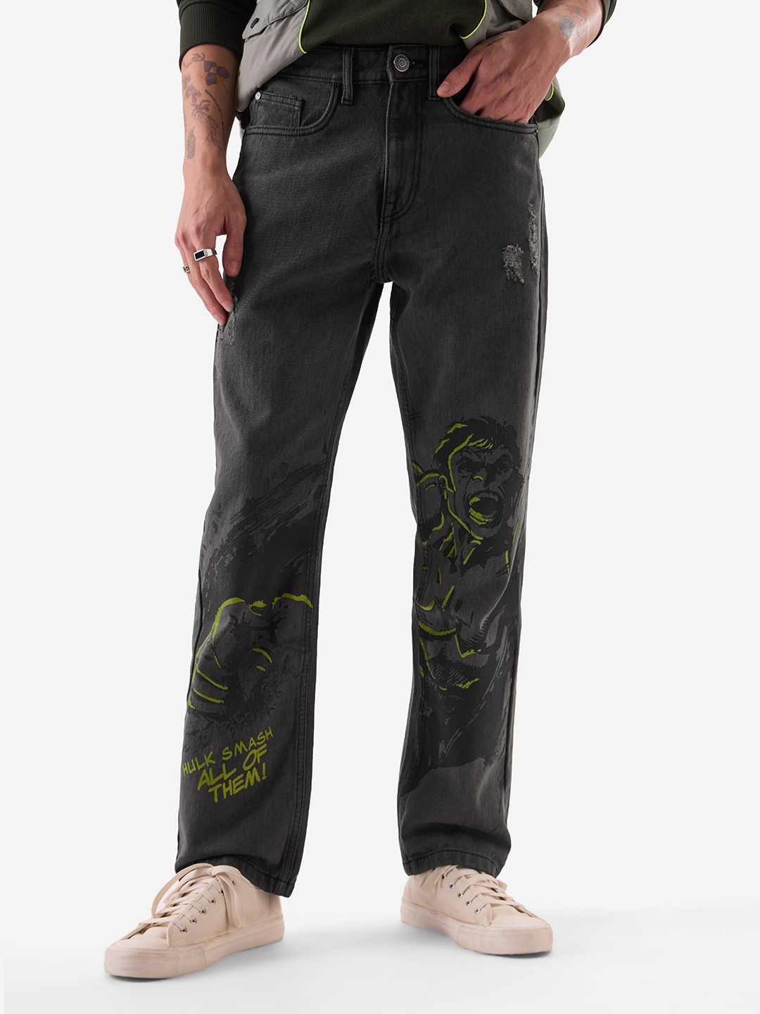 

The Souled Store Men Grey Straight Fit Mildly Distressed Hulk Printed Stretchable Jeans