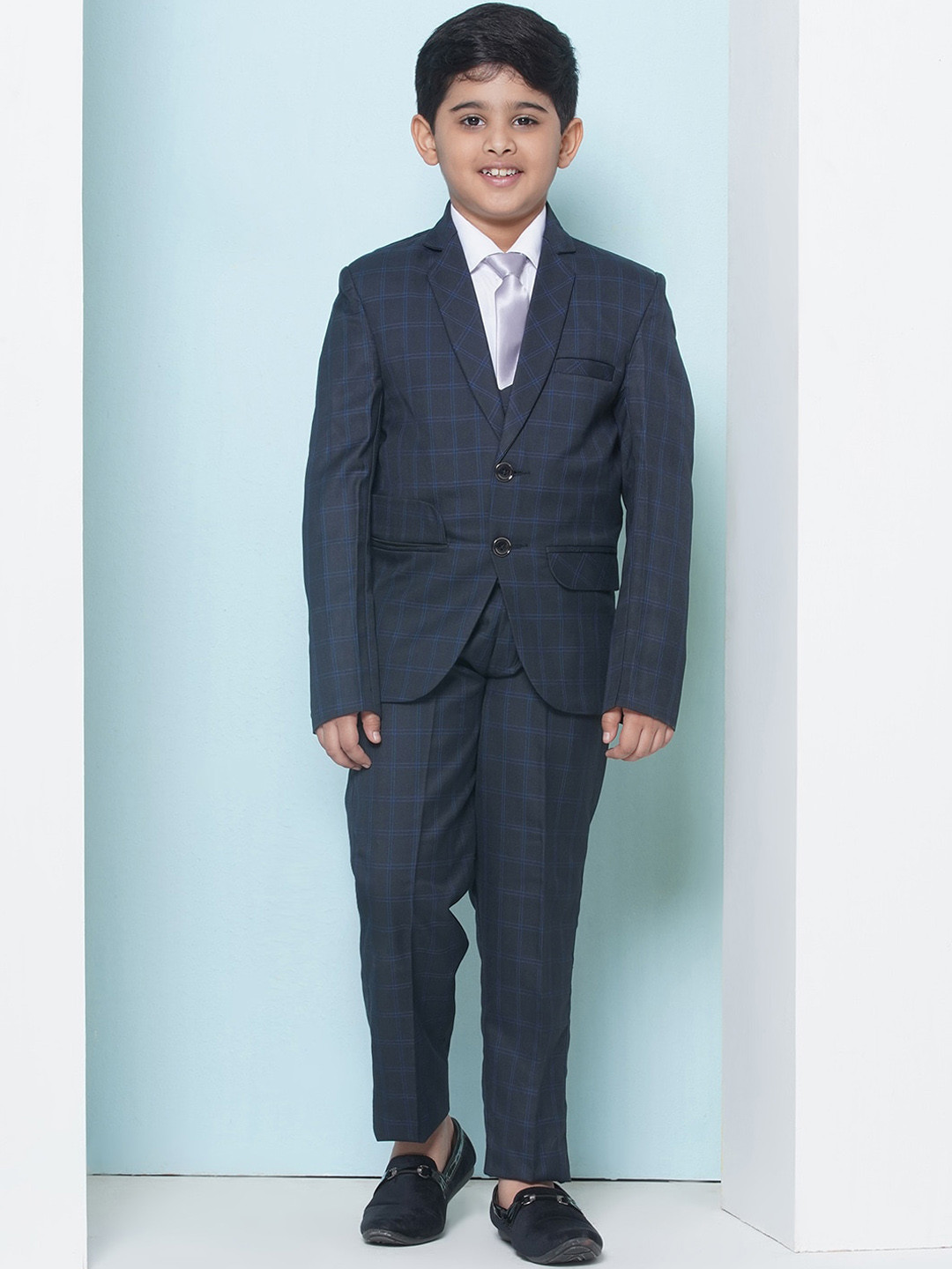 

Aj DEZInES Boys Checked Single-Breasted Cotton Five-Piece Suit, Navy blue