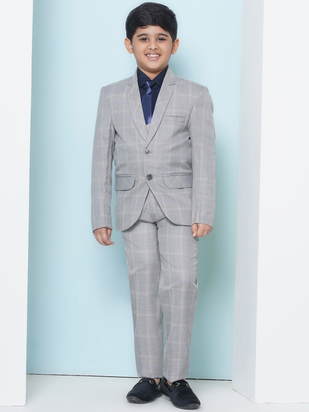 

Aj DEZInES Boys Checked Single-Breasted Cotton 5-Piece Party Suit, Grey