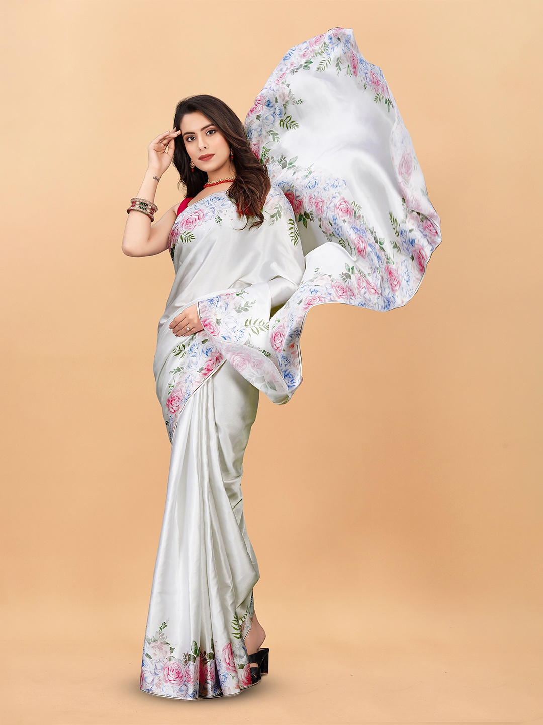 

NIWAA Floral Printed Satin Saree, Grey