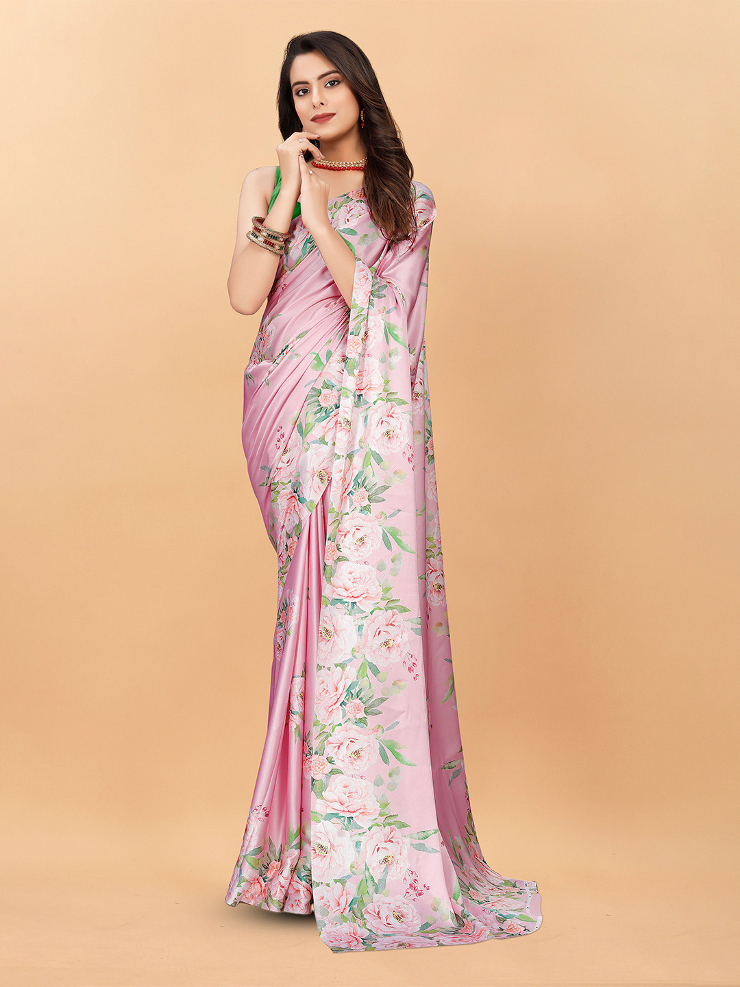 

NIWAA Floral Printed Satin Saree, Pink