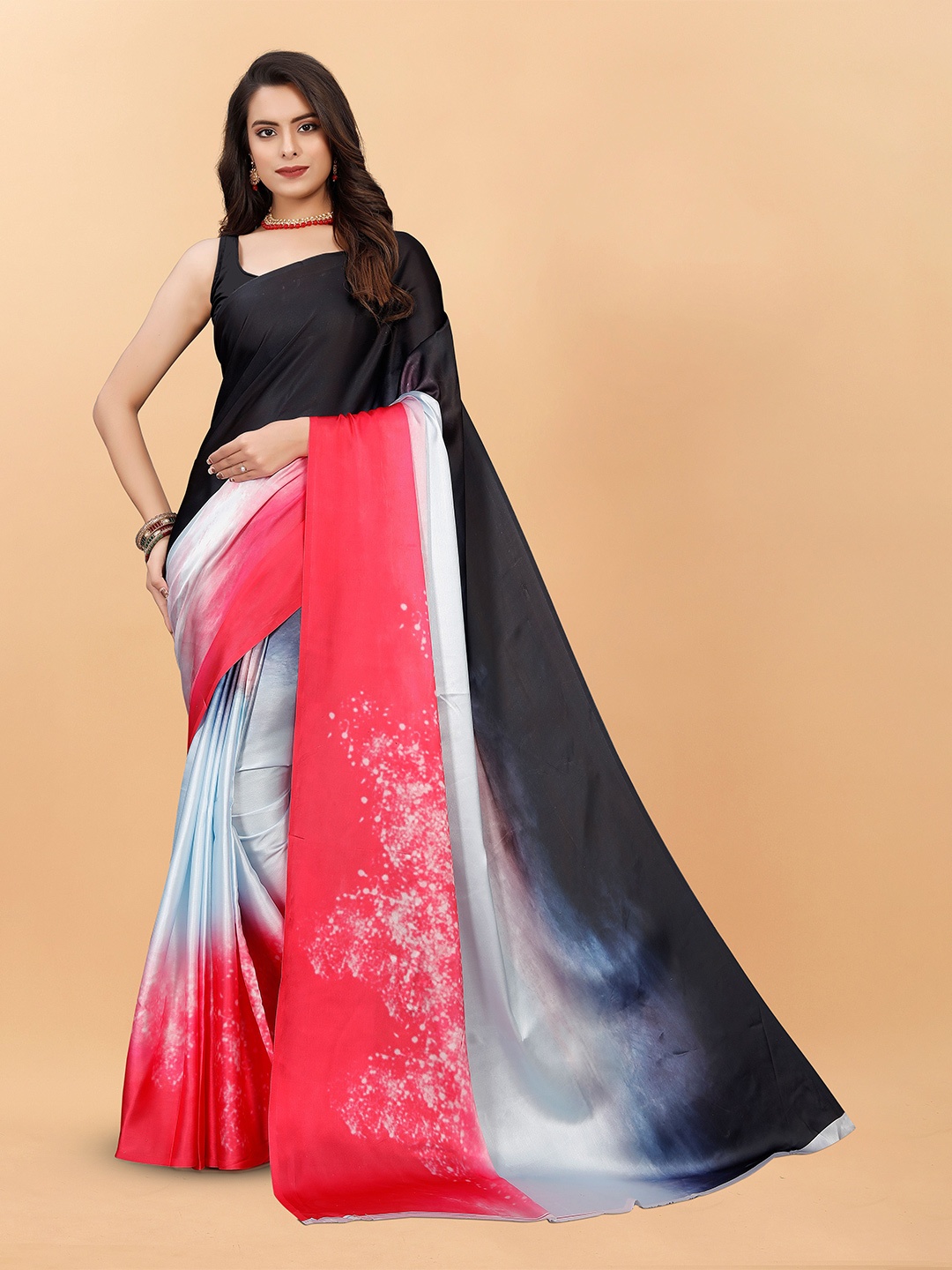 

NIWAA Ombre Printed Satin Saree, Black
