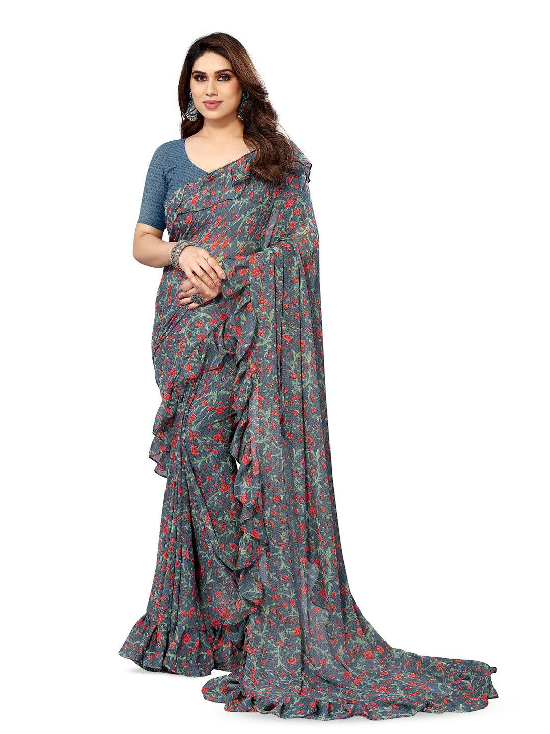 

ROOP SUNDARI SAREES Floral Pure Georgette Saree, Green