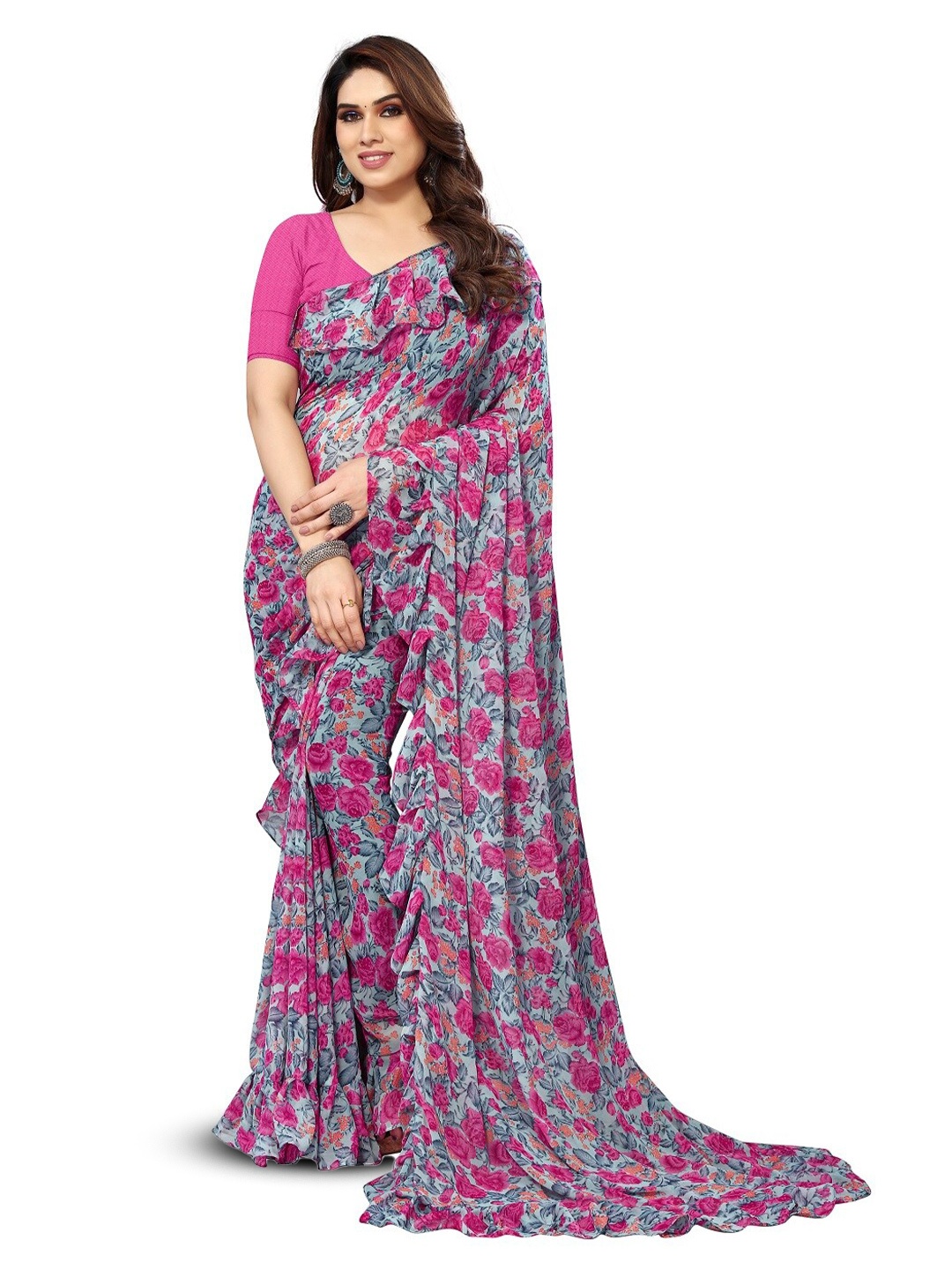 

ROOP SUNDARI SAREES Floral Printed Pure Georgette Saree, Grey