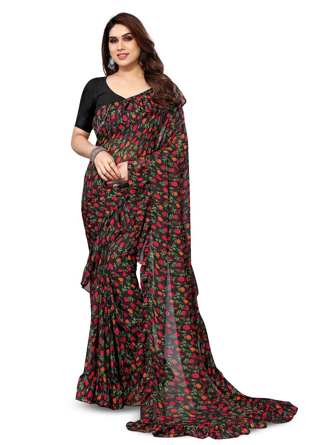 

ROOP SUNDARI SAREES Floral Printed Pure Georgette Saree, Black