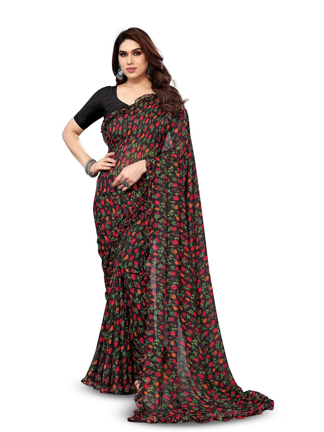 

ROOP SUNDARI SAREES Floral Print Pure Georgette Saree, Black