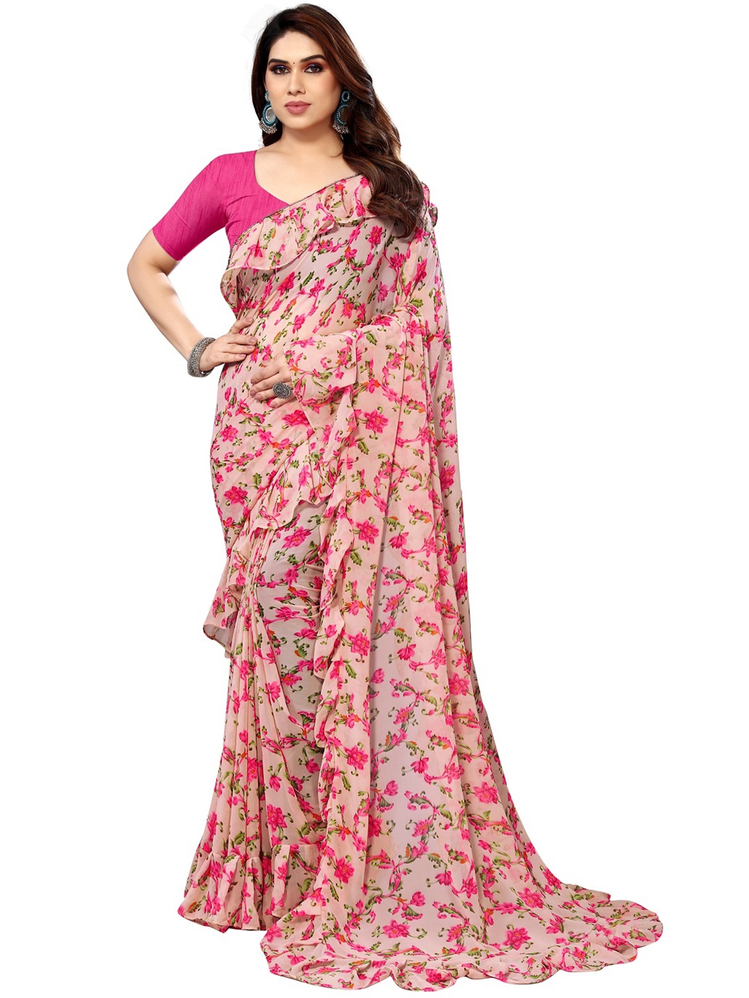 

ROOP SUNDARI SAREES Floral Printed Ruffles Pure Georgette Saree, Pink