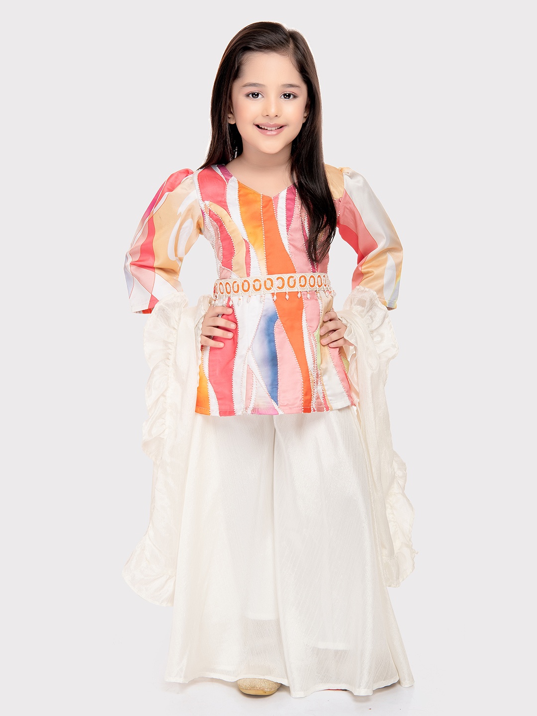 

Tiny Kingdom Girls Printed Top with Palazzos & Dupatta with Belt, White