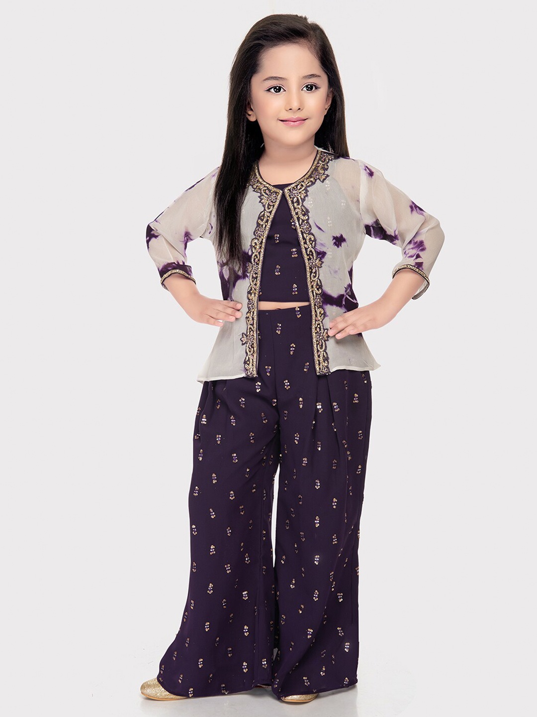 

Tiny Kingdom Girls Embellished Top & Palazzos with Jacket, Blue