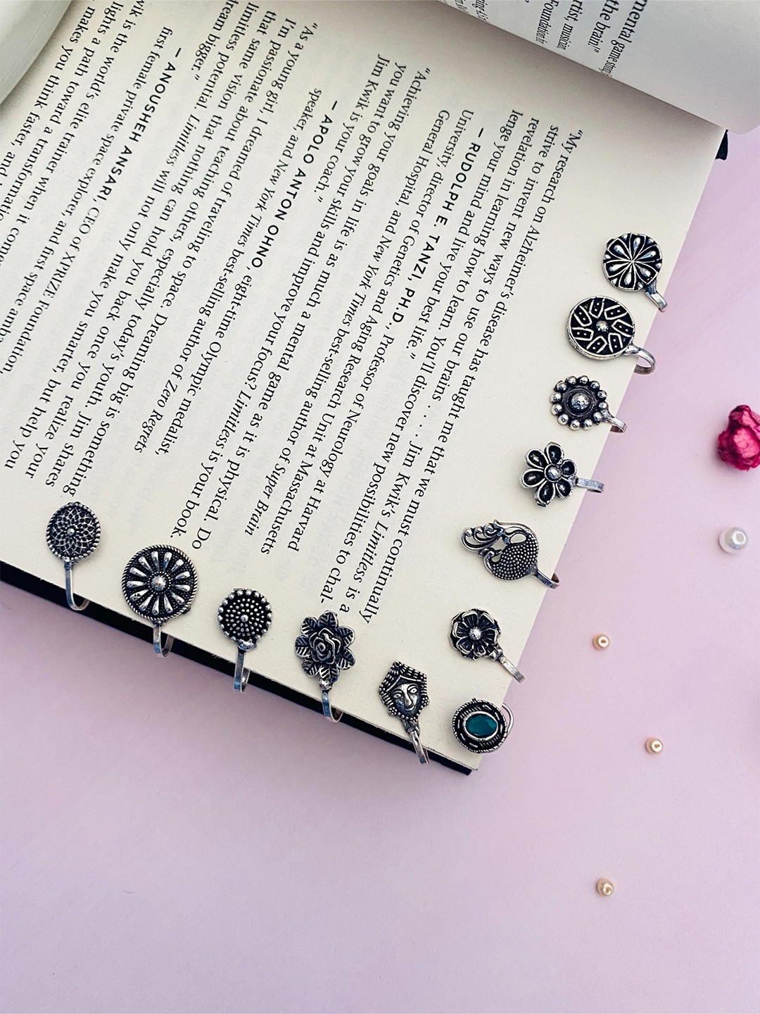 

ABDESIGNS Set Of 12 Silver-Plated Oxidised Studded Nosepin