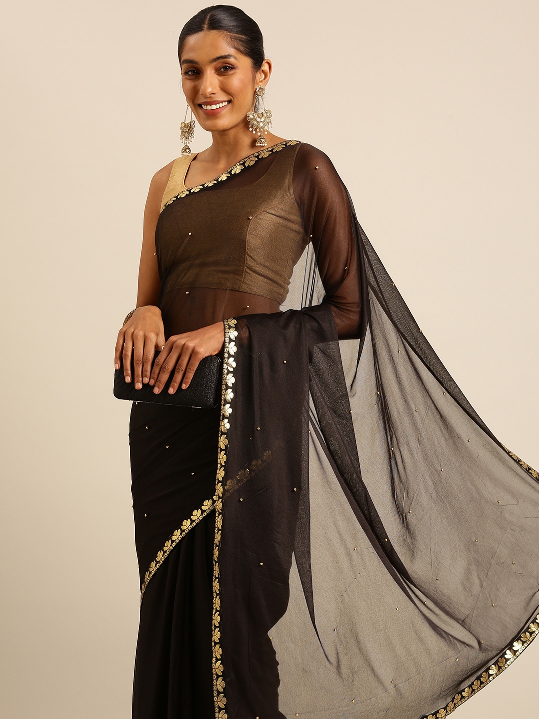 

HERE&NOW Embellished Beads & Stones Saree, Black