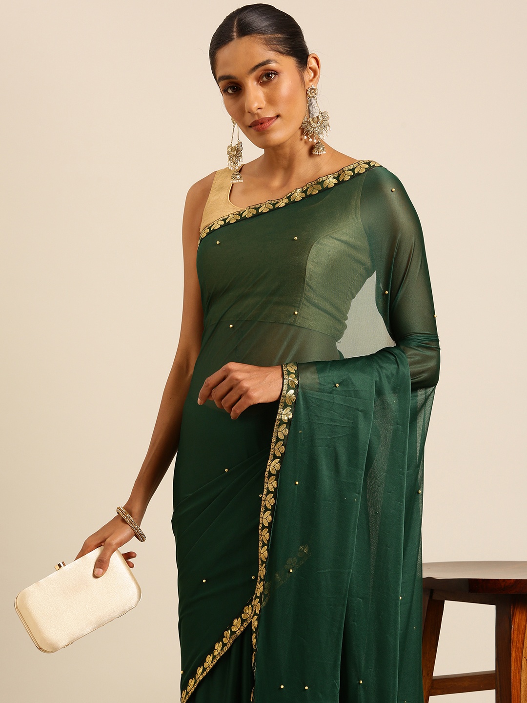 

HERE&NOW Embellished Beads & Stones Saree, Green
