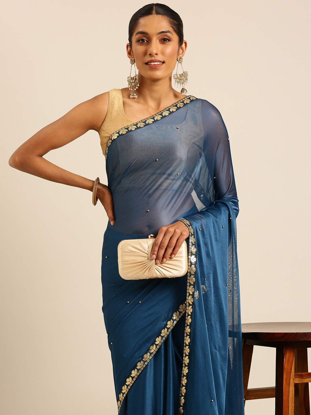 

HERE&NOW Embellished Beads & Stones Saree, Blue