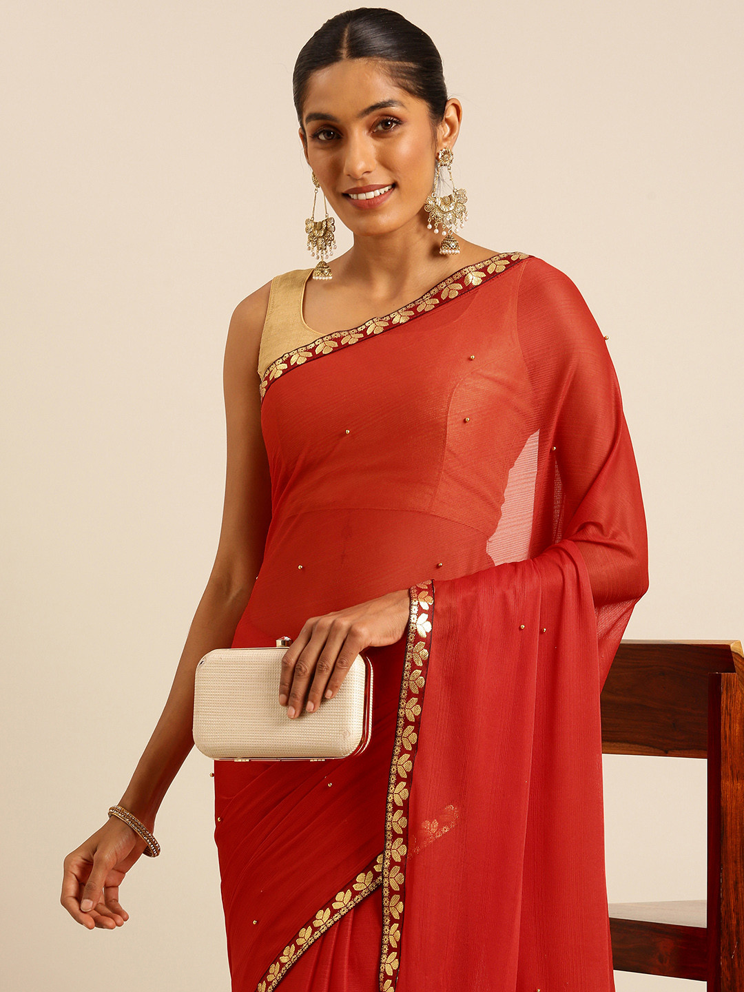 

HERE&NOW Embellished Beads & Stones Saree, Red