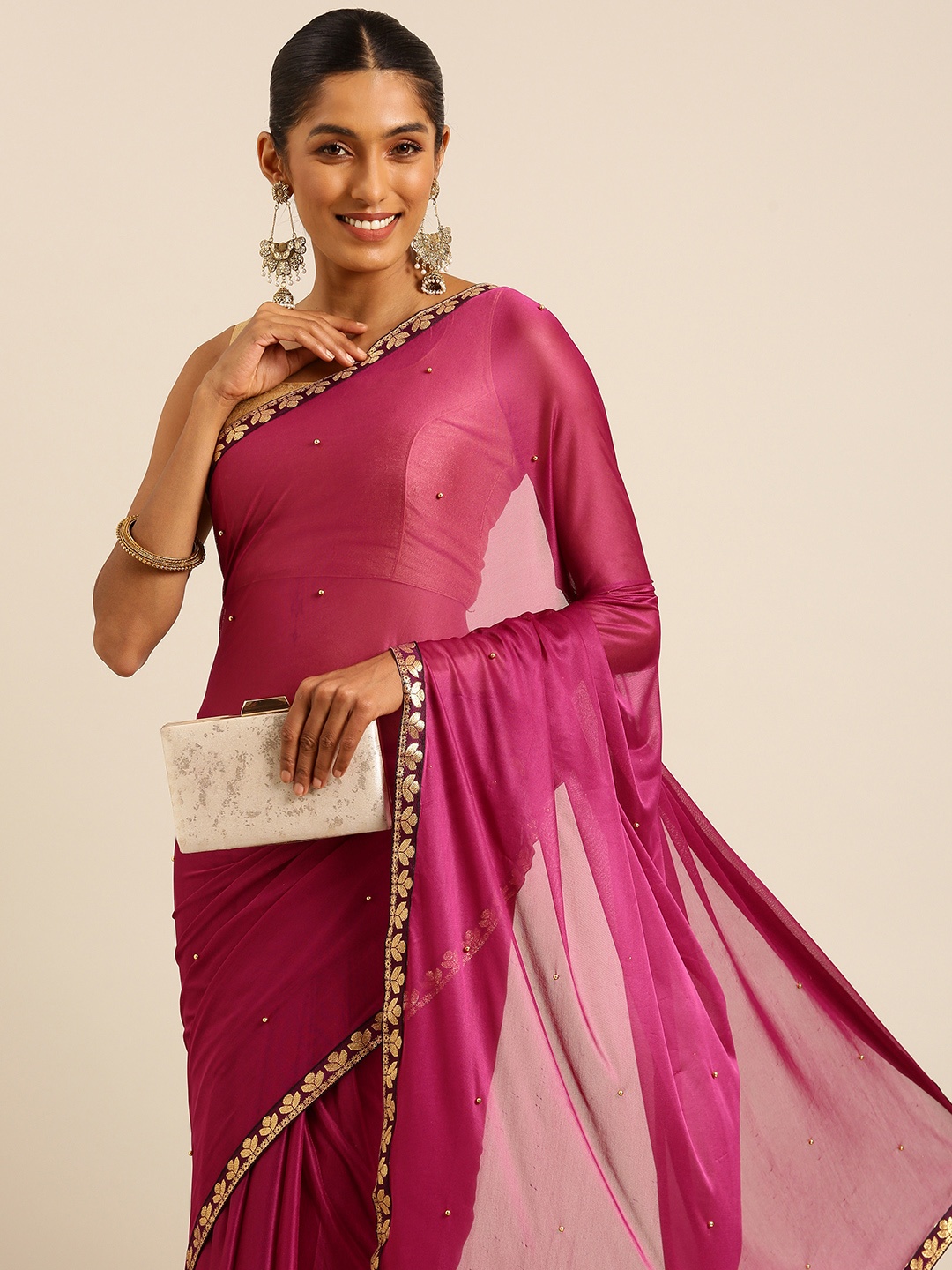 

HERE&NOW Embellished Beads & Stones Saree, Magenta
