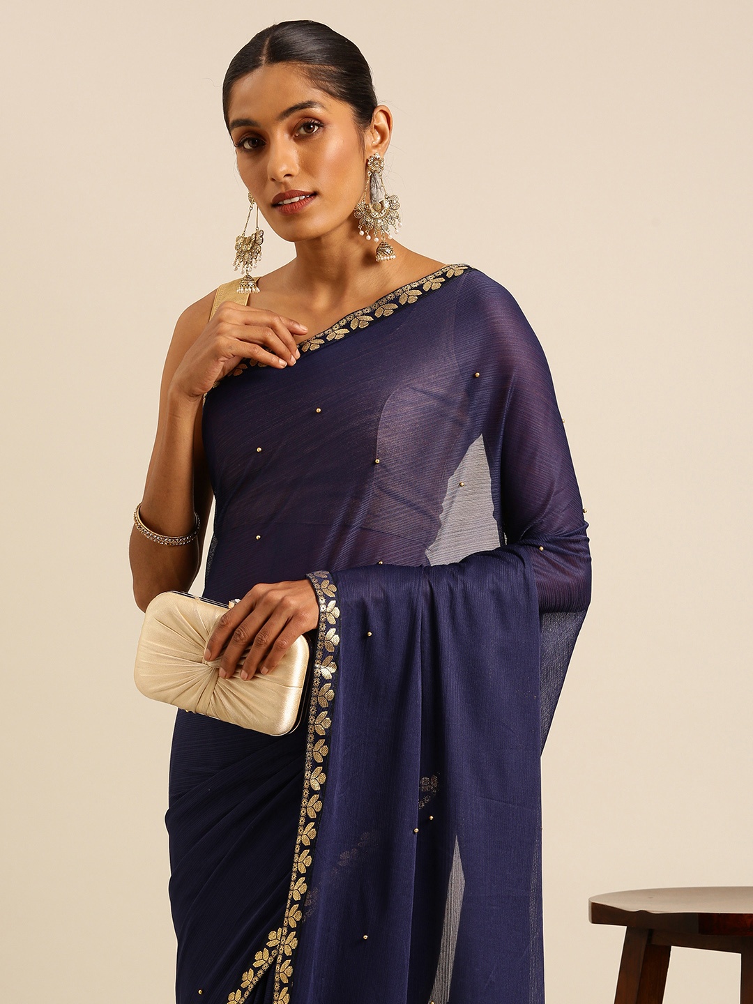 

HERE&NOW Embellished Beads & Stones Saree, Navy blue