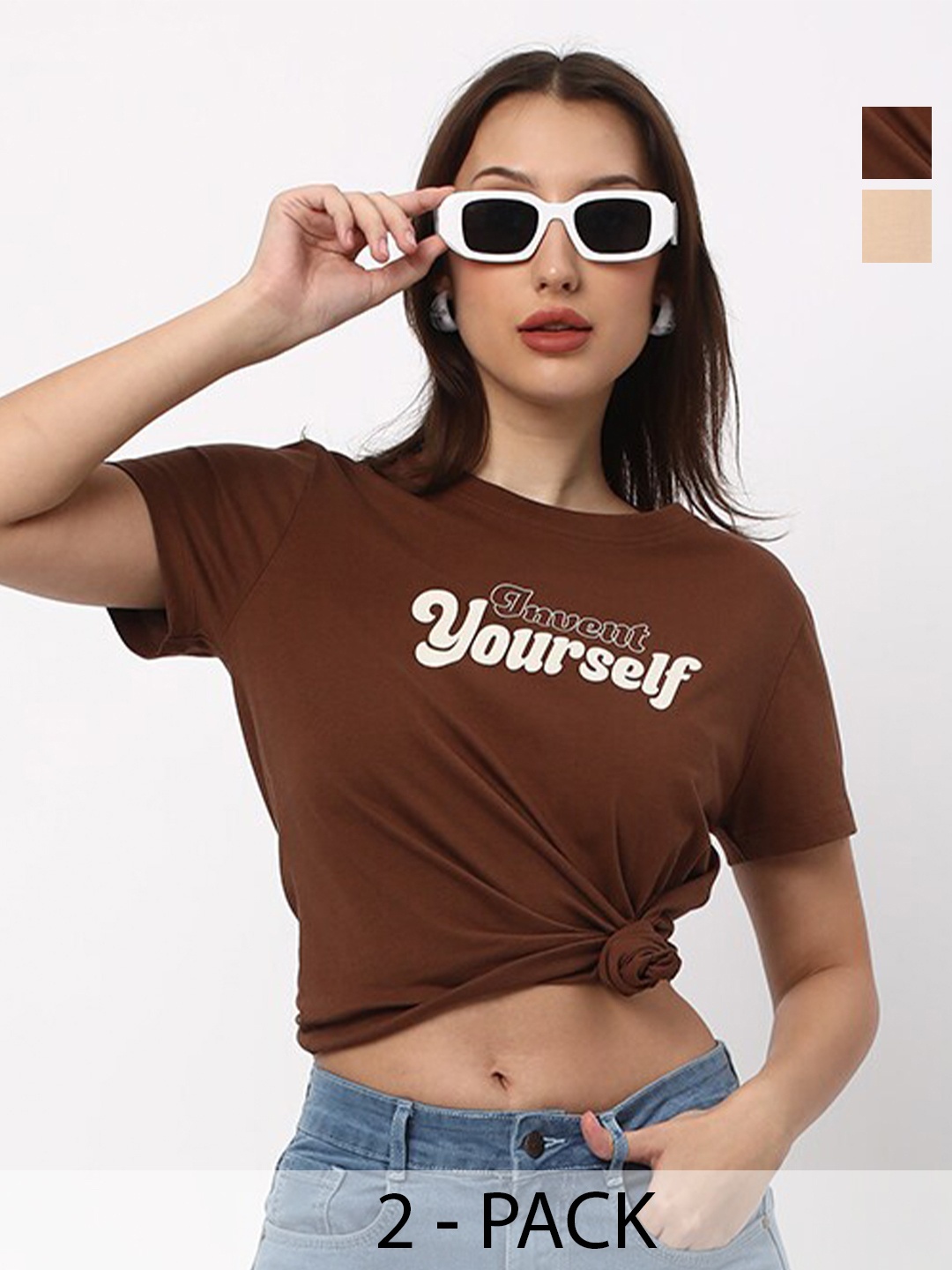 

R&B Pack Of 2 Round Neck Short Sleeves Typography Cotton T-shirt, Cream