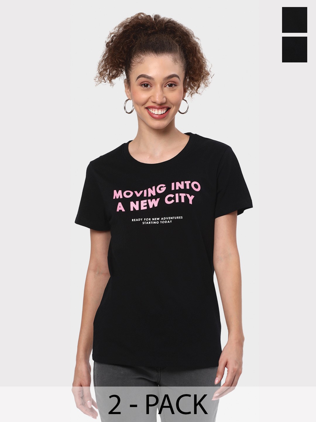 

R&B Pack Of 2 Typography Printed Round Neck Cotton T-shirts, Black