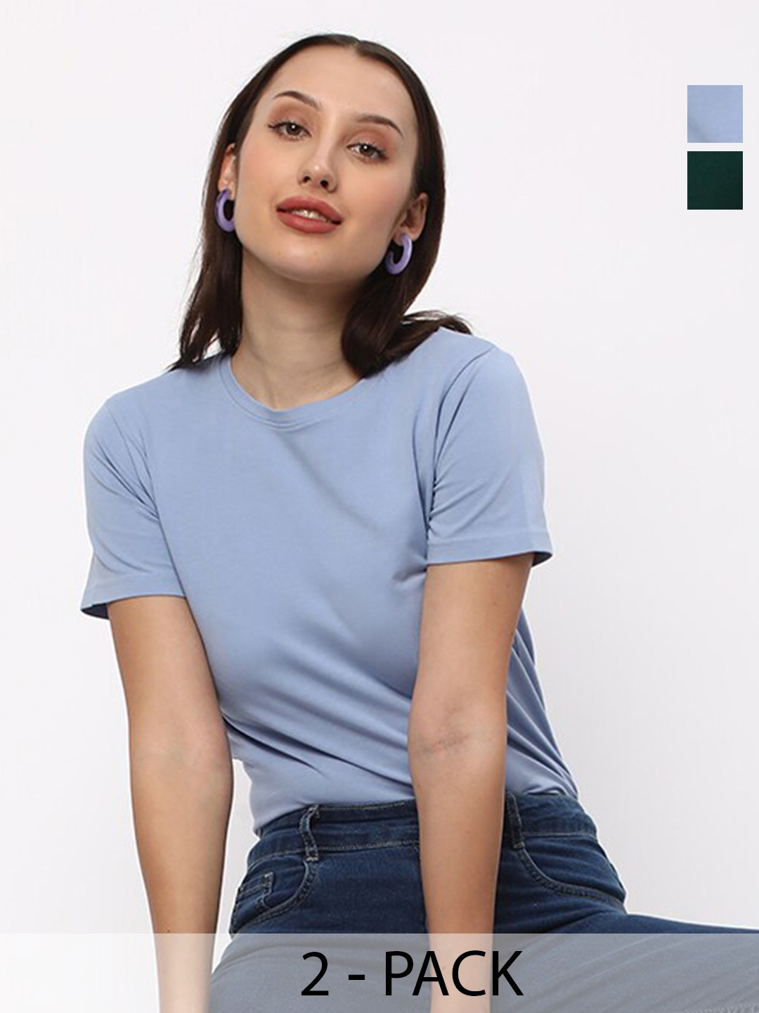 

R&B Pack Of 2 Round Neck Cotton T-shirt, Blue