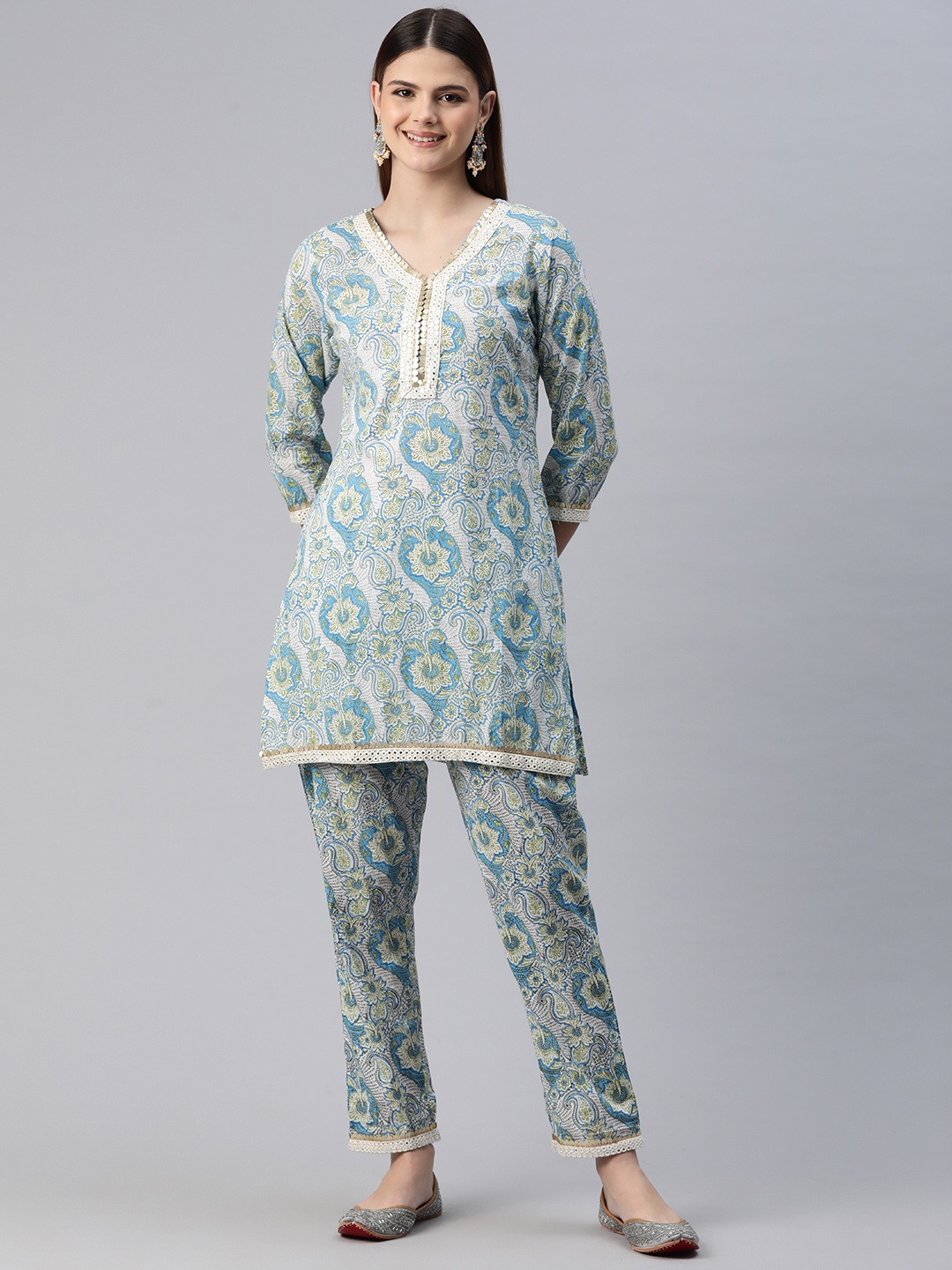 

Readiprint Women Printed Pure Cotton Ethnic Co-Ords Set, Blue