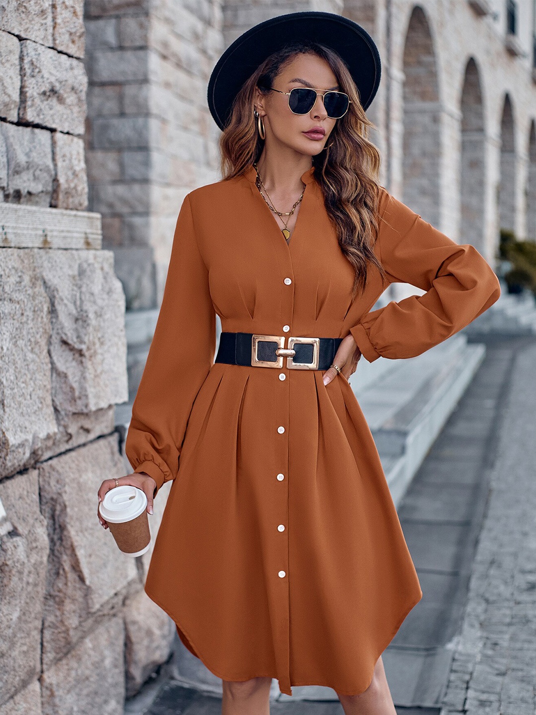 

StyleCast Brown Mandarin Collar Cuffed Sleeves Knee Length Shirt Dress