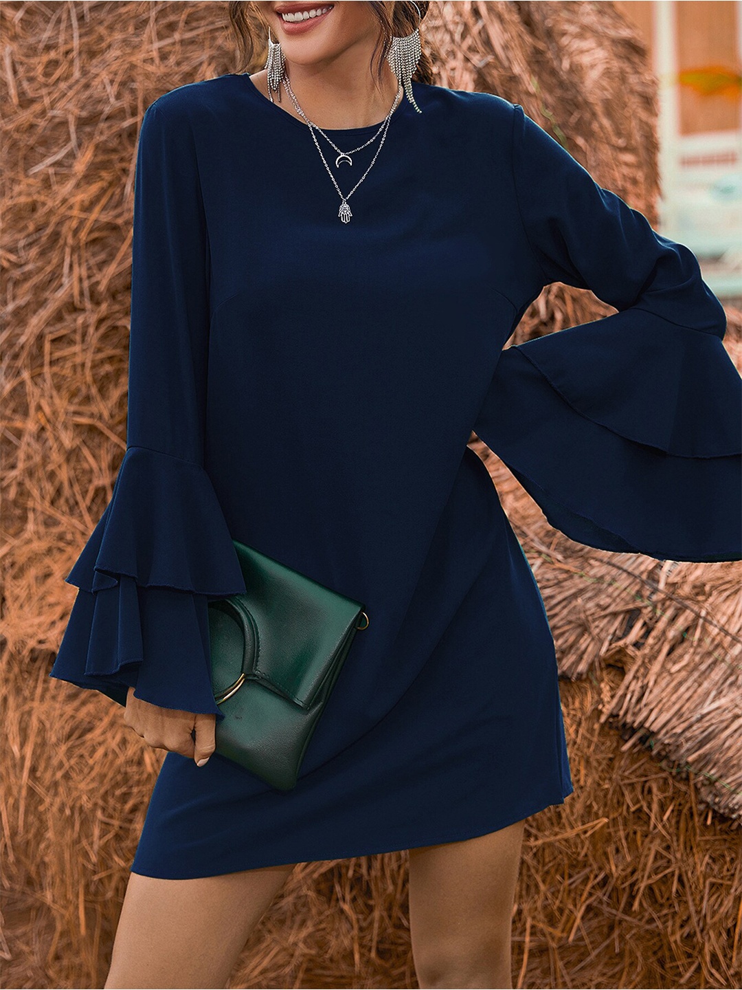 

StyleCast Bell Sleeve Round Neck Sheath Dress, Blue