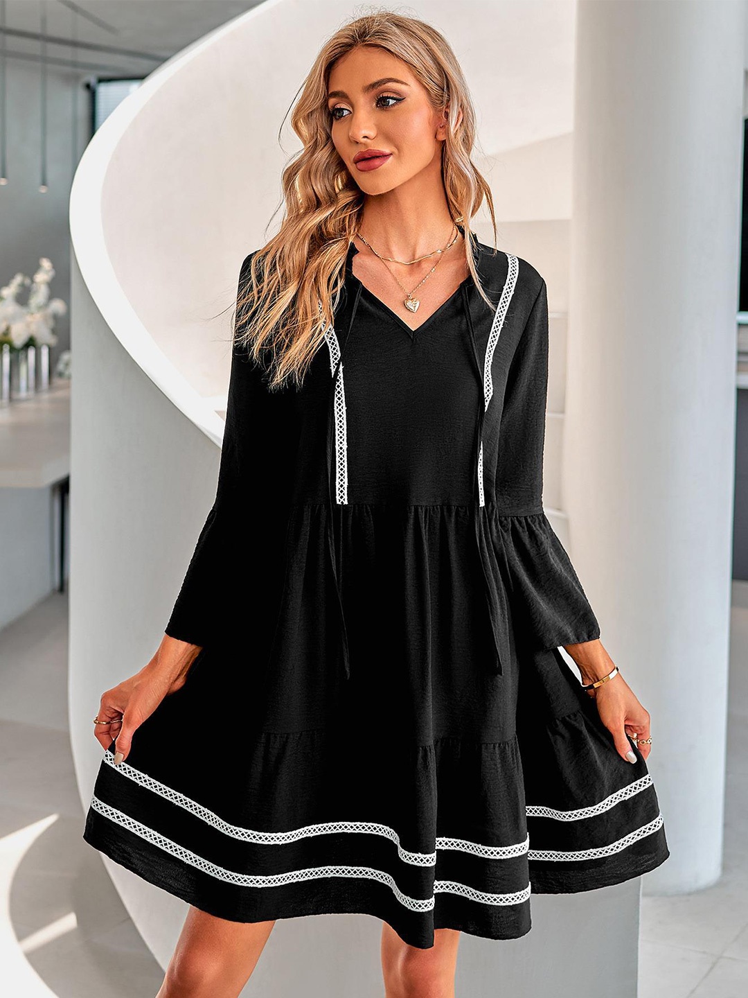 

StyleCast Black V-Neck Long Sleeves Above Knee Fit & Flare Dress