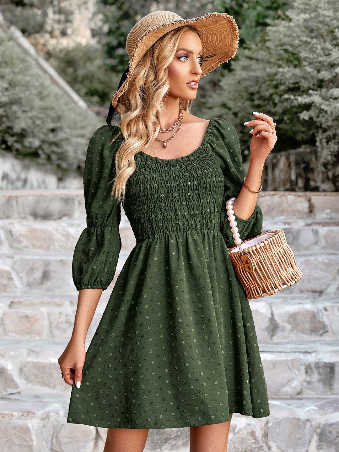 

StyleCast Olive Green Puff Sleeve Fit & Flare Dress