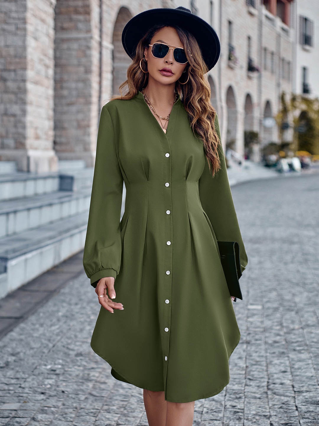 

StyleCast Green Mandarin Collar Knee Length Shirt Dress