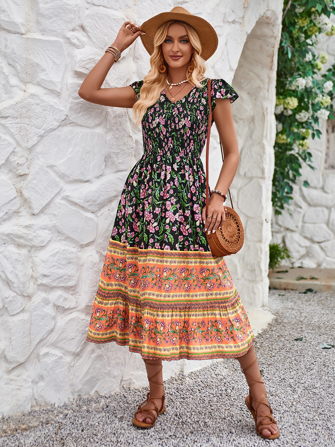 

StyleCast Floral Printed Flutter Sleeve Fit & Flare Midi Dress, Black