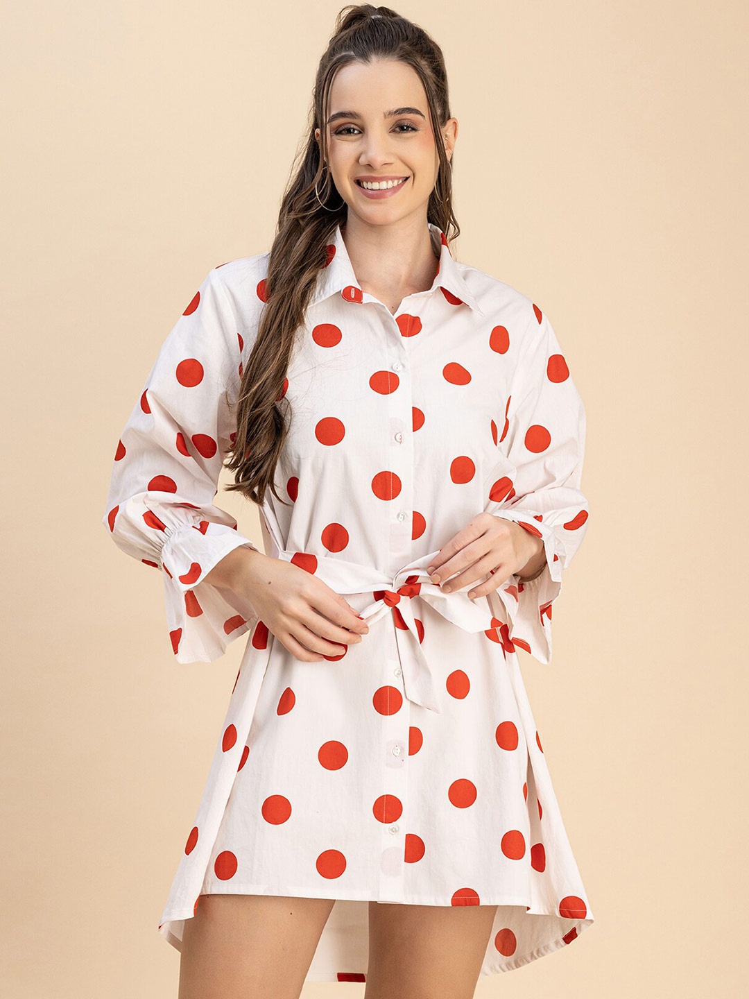 

Moomaya Polka Dot Print Cotton A-Line Dress, White