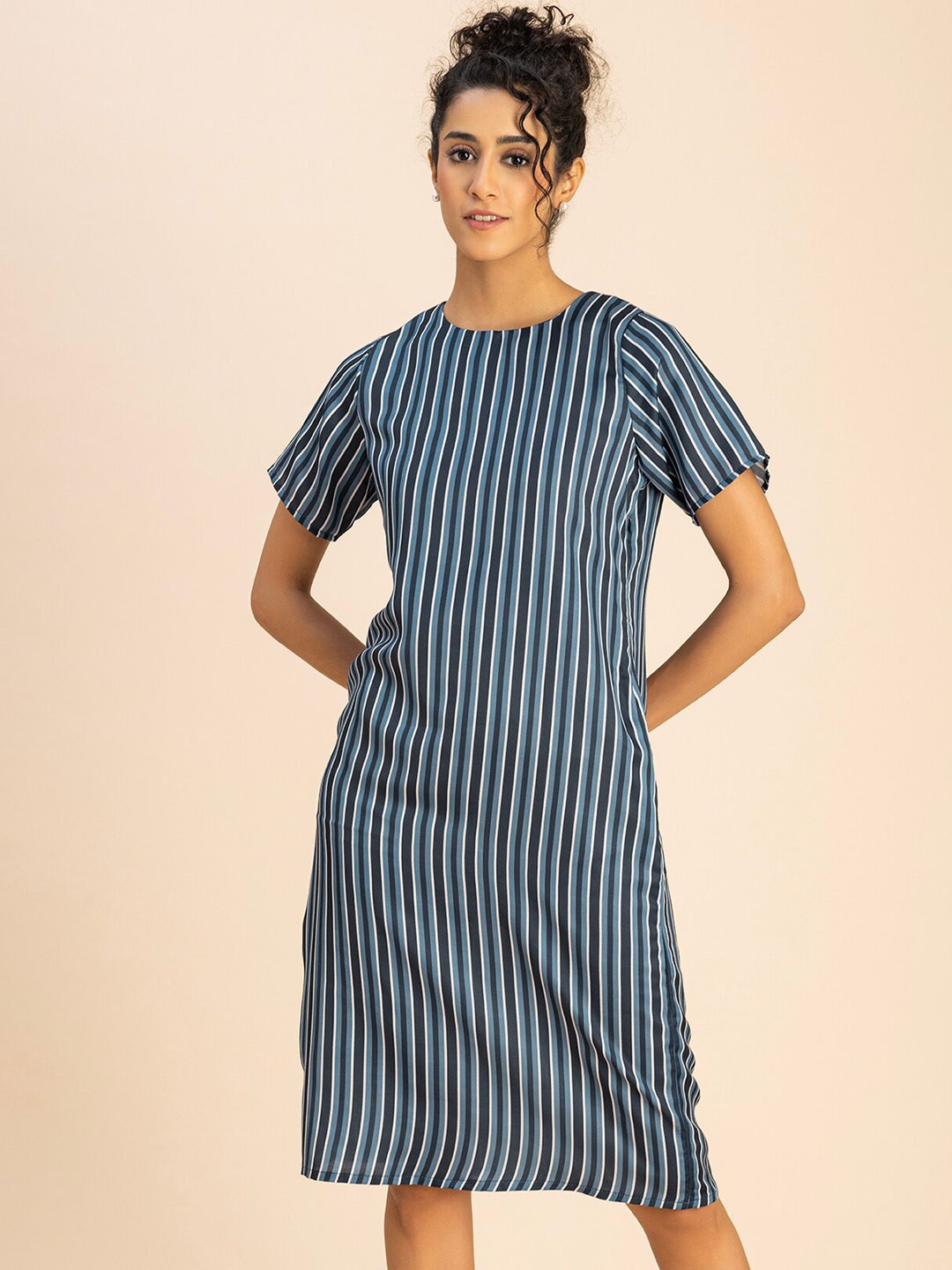 

Moomaya Striped Round Neck Straight A-Line Dress, Teal