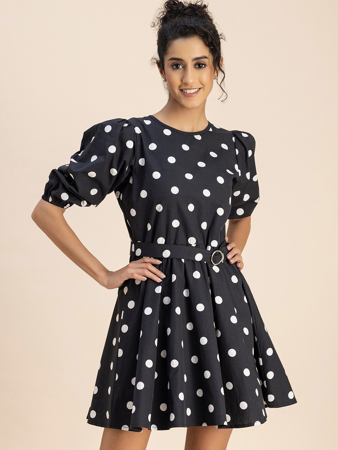 

Moomaya Polka Dot Print Round Neck Puff Sleeve Fit & Flare Dress, Black