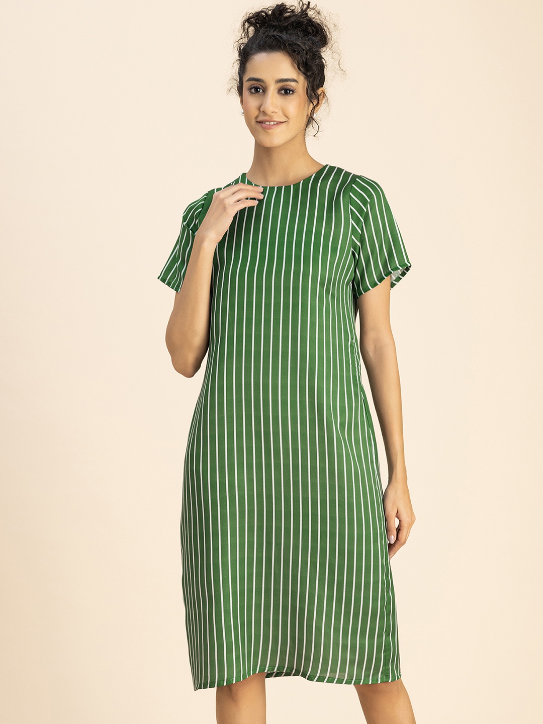 

Moomaya Round Neck Striped Satin A-Line Dress, Green