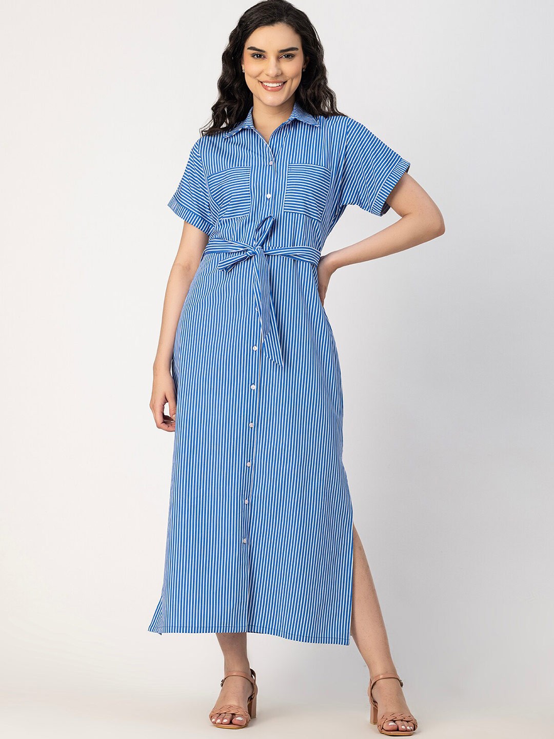 

Moomaya Striped Cotton Shirt Collar Straight Maxi Shirt Dress, Blue