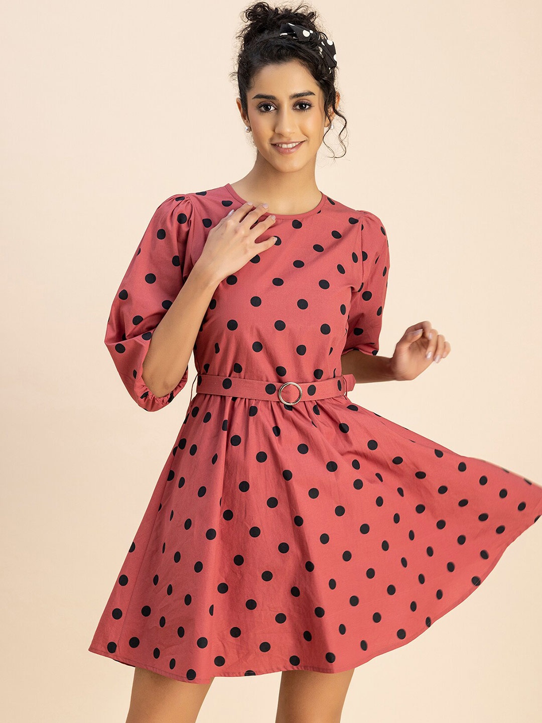 

Moomaya Polka Dot Print Round Neck Three-Quarter Sleeves Fit & Flare Cotton Dress, Peach
