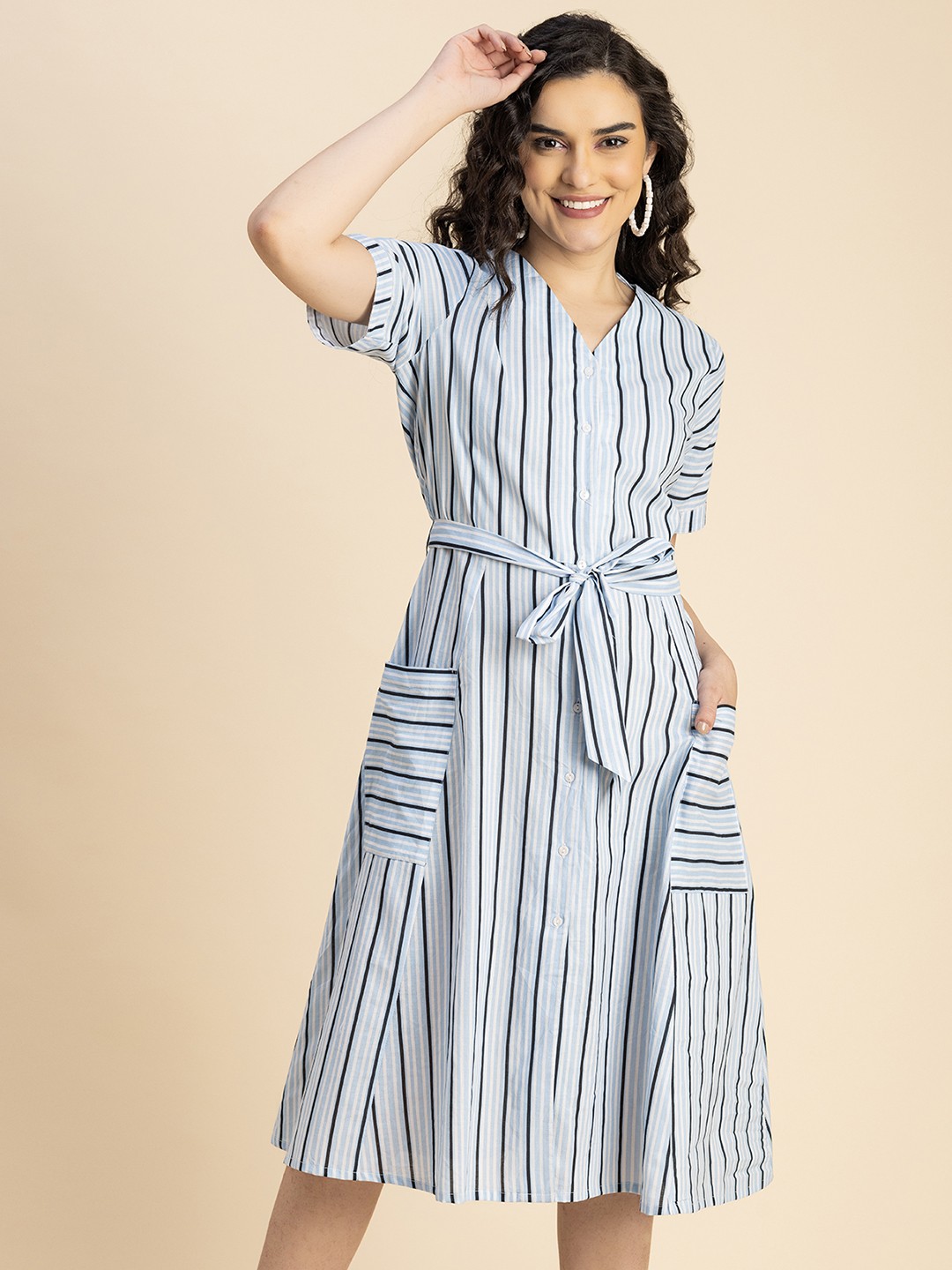 

Moomaya Striped Cotton A-Line Dress, Blue